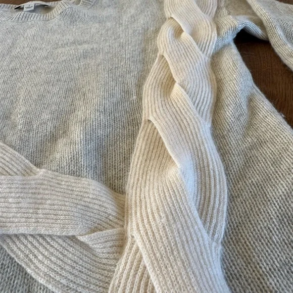 White + Warren Gray and Cream Crew Neck Sweater Braid Detail Cashmere / small - Picture 5 of 8